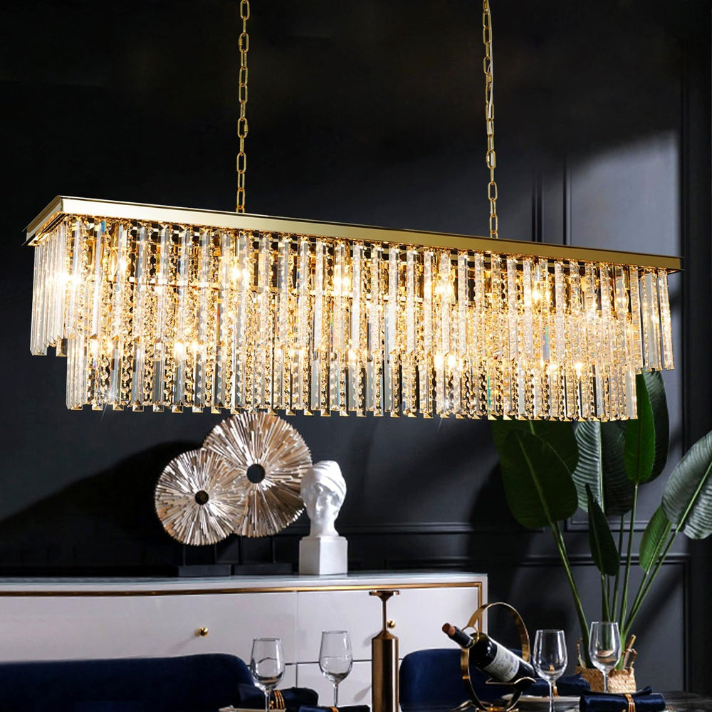 Luxury 55" Rectangule Gold Crystal Chandelier, Large Dining Room Chandelier