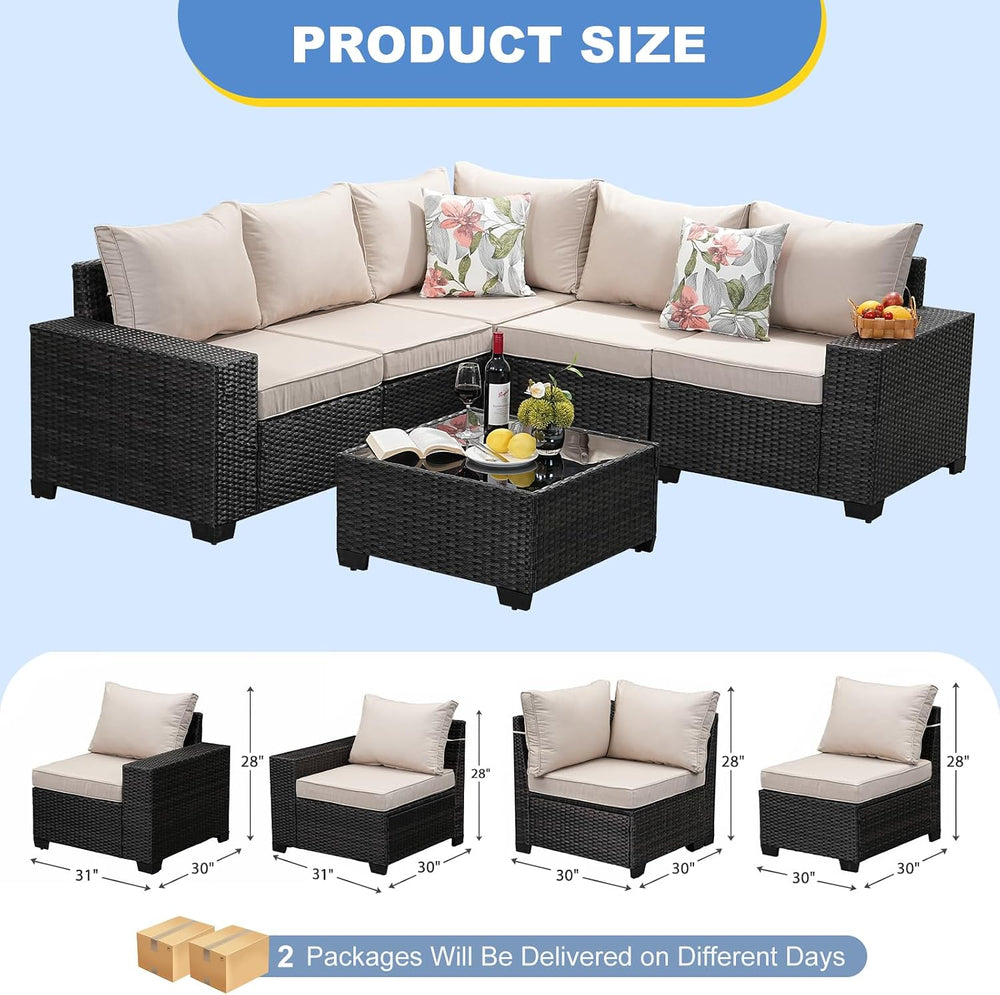 Patio Furniture Set, 6 Pieces Outdoor Couch Sofa with Wider Armrests & Gl...