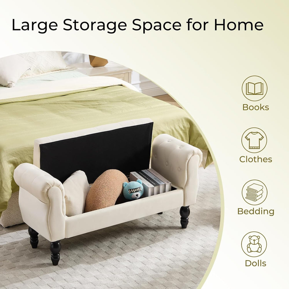Velvet Upholstered Storage Bench with Arms and Wooden Legs, 47.6" Modern...