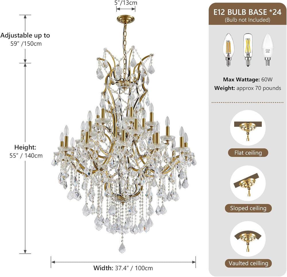 24 Lights Large Crystal Chandeliers for High Ceilings Brass Maria Theresa Cha...