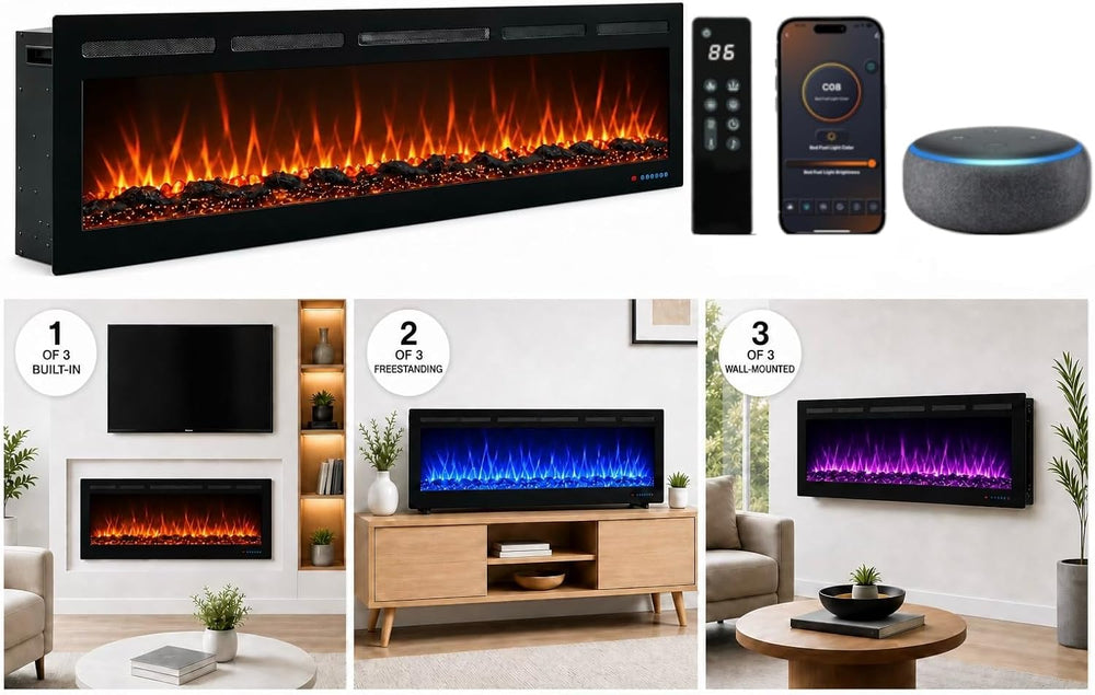 50" Electric Fireplace, Recessed or Wall Mounted, 5.5" Deep, 750W/1...