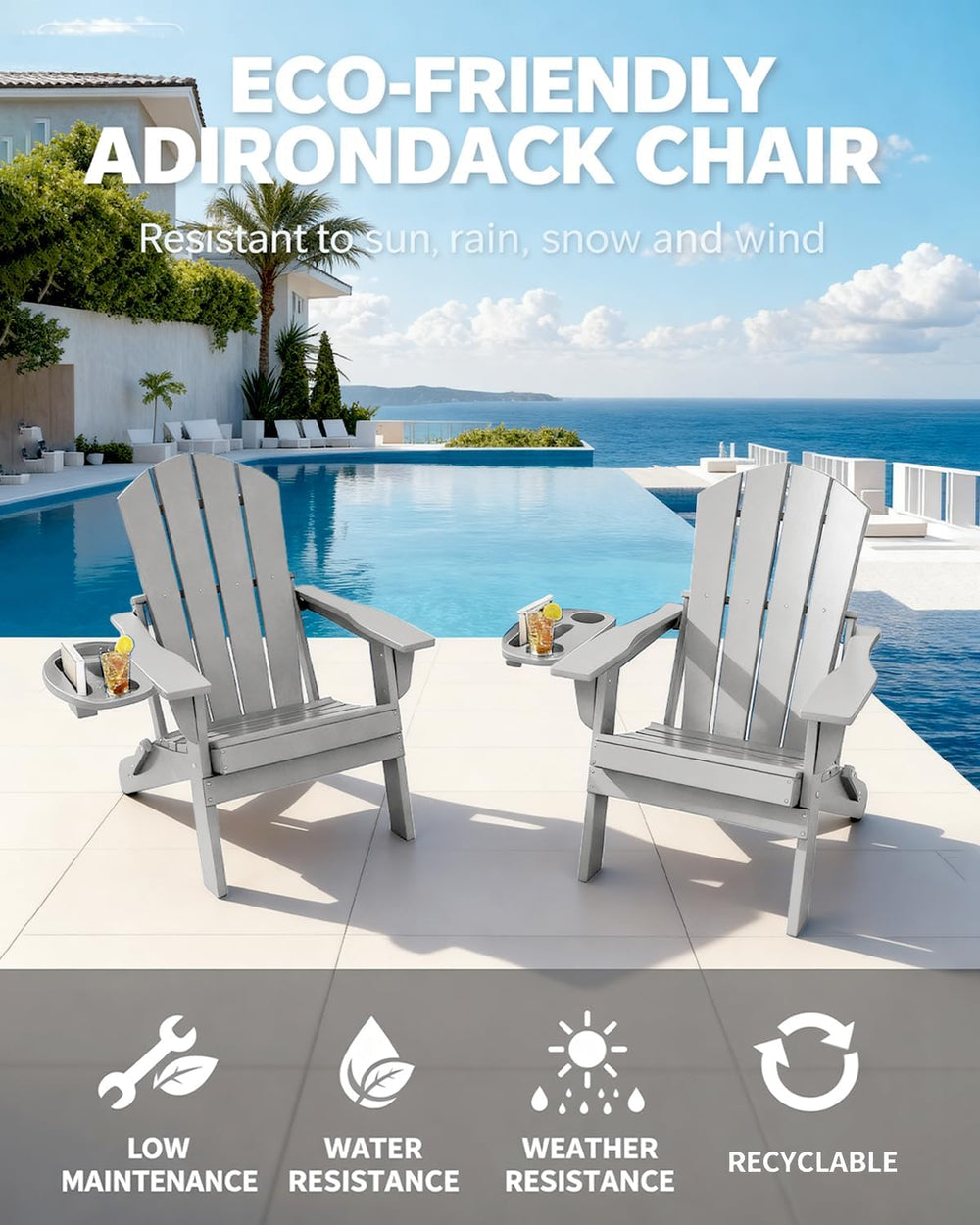 NAVINE Folding Adirondack Chairs Set of 2 with 4-in-1 Cup Holder,White Grey
