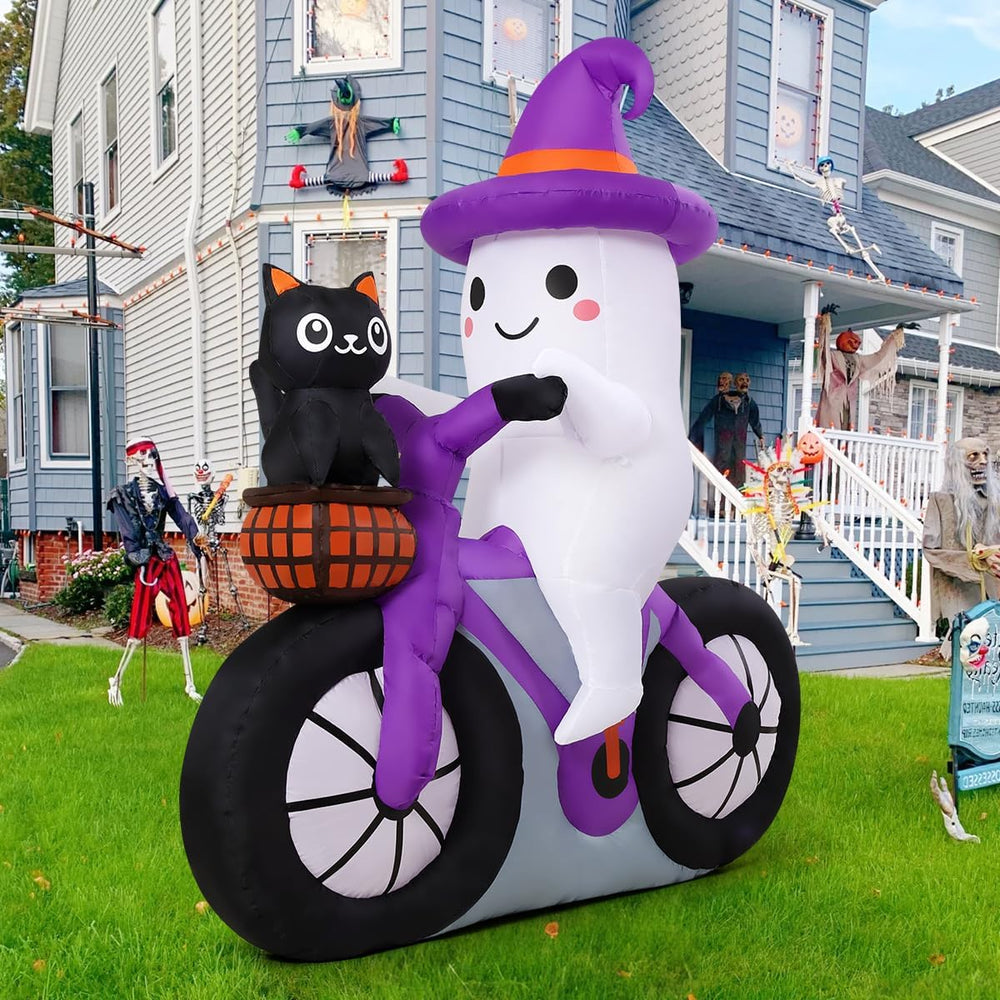 COMIN 5FT Halloween Inflatables Ghost Bike Black Cat Yard Decor with LEDs