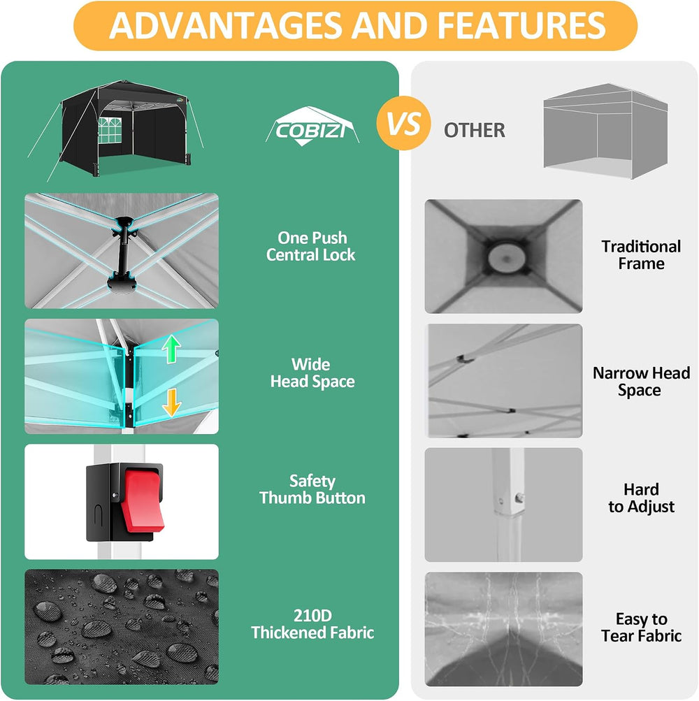 COBIZI Canopy Tent 10x10, Easy Up 10x10 Pop Up Canopy for Party Camping, Part...