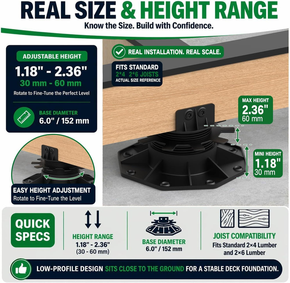 Deckit 12-Pack Adjustable Deck Support Pedestals, 1.18"–2.36" (30–6...