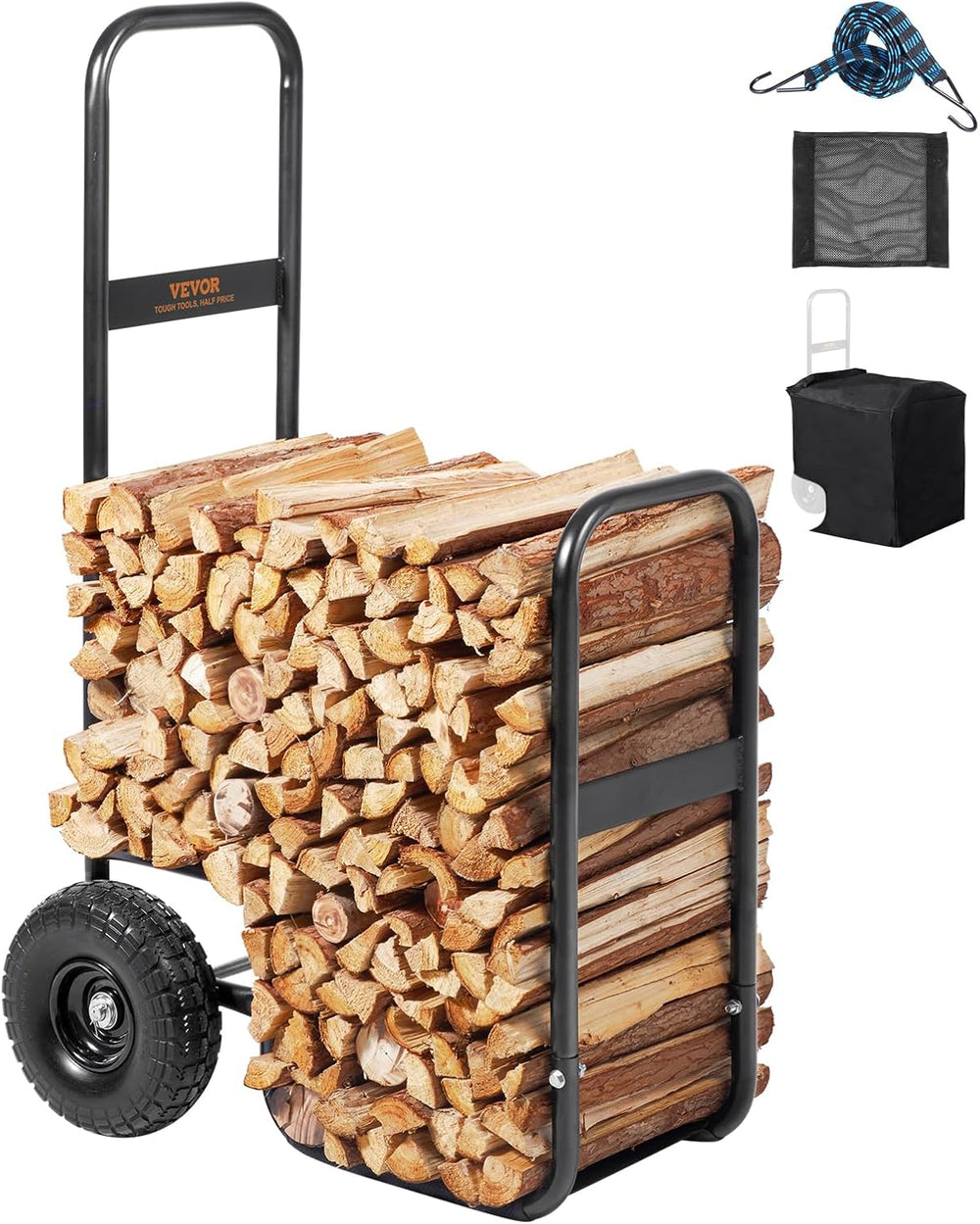 VEVOR Firewood Cart, 250 lbs Capacity, Black Heavy Duty Steel Dolly Hauler wi...