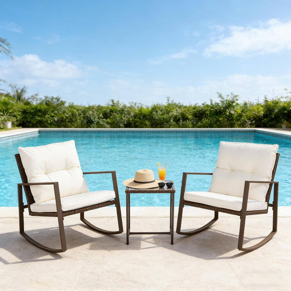 SUNCROWN 3 Piece Outdoor Rocking Bistro Set Brown Wicker Furniture Porch Chai...