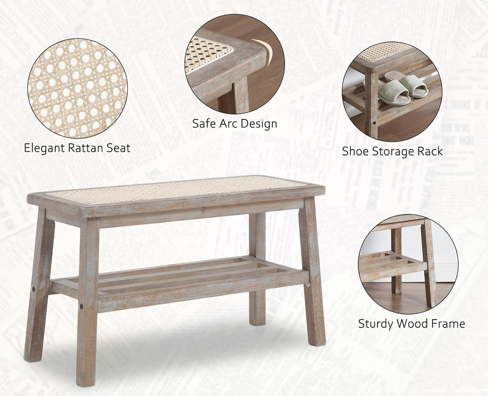 Shunzhi Rattan Entryway Bench with Shoe Rack Natural Wood Storage Bench Indoo...