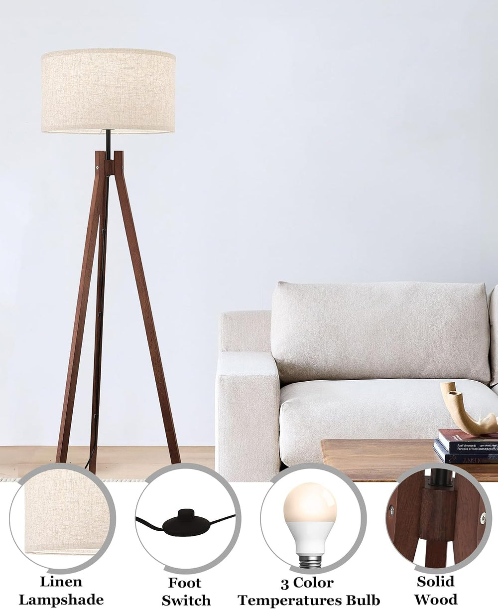 ELYONA Wood Tripod Floor Lamp, Mid Century Reading Standing Lamp with 3 Color...