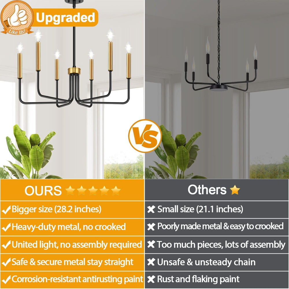 Black and Gold Chandelier, 6-Light Farmhouse Chandelier for Dining Room Light...