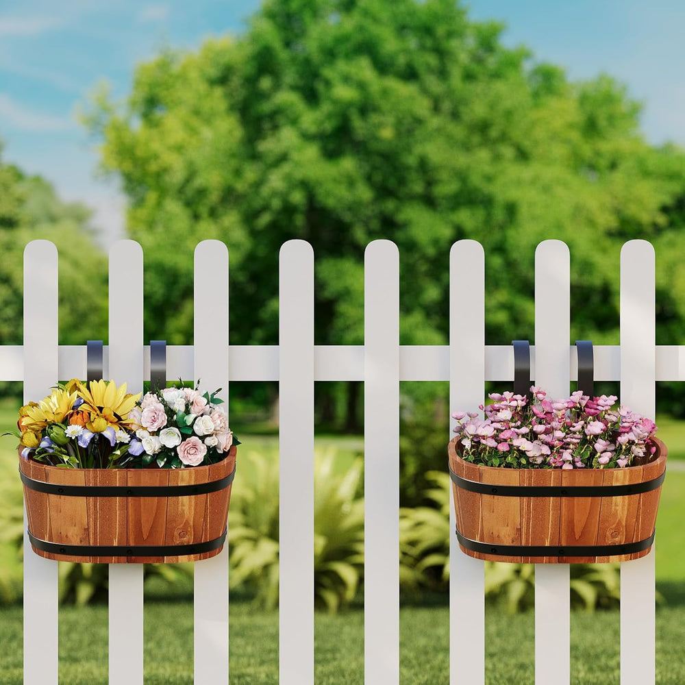 2-Pack Wooden Railing Planters, Hanging Flower Pots with Detachable Hooks for...