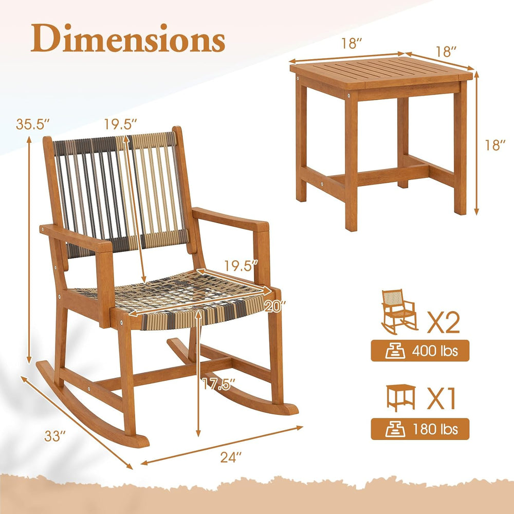 HAPPYGRILL 3 Pieces Rocking Bistro Set, PE Rattan Front Porch Chairs with Cof...
