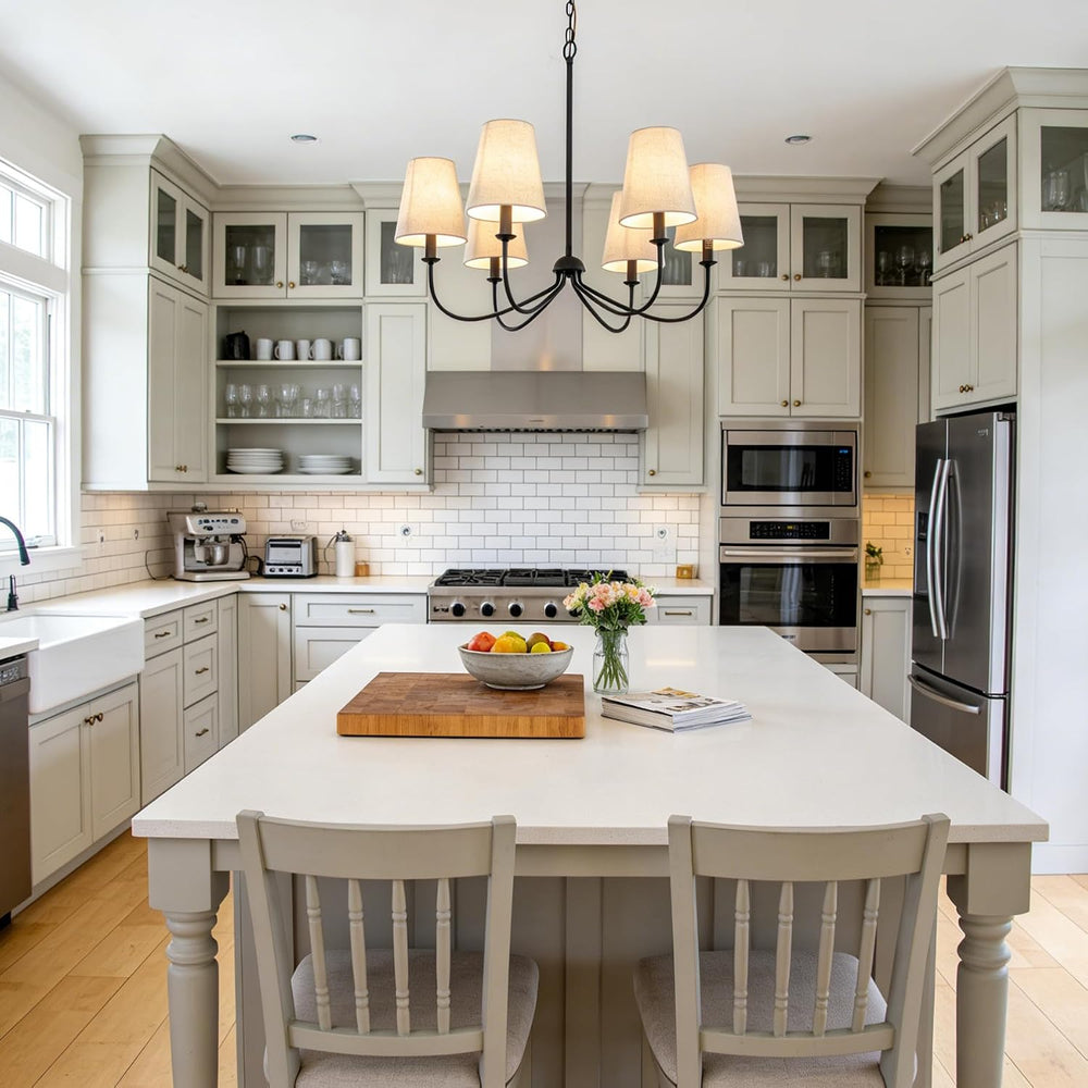 Chandelier, Matte Black with Linen Fabric Shade, 6-Light 28" Modern Farm...