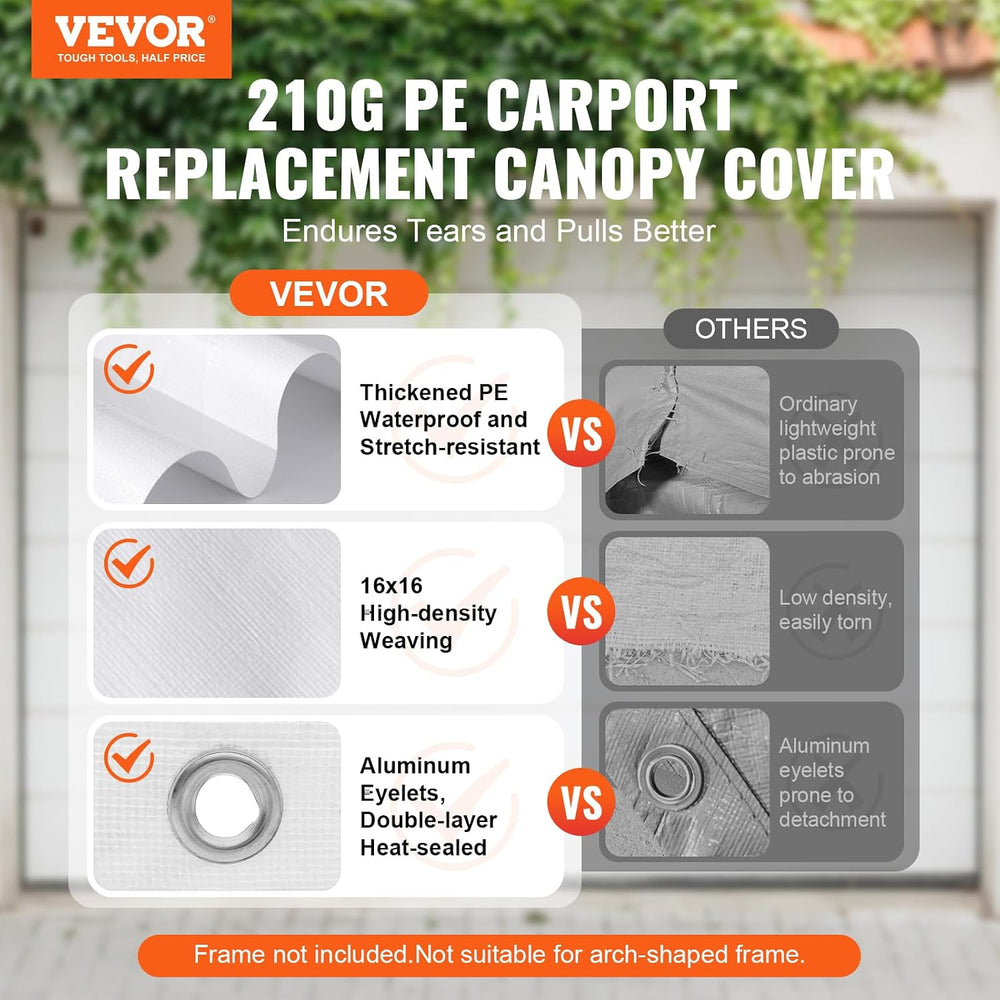 VEVOR Carport Replacement Canopy Cover 10 x 20 ft, Garage Top Tent Shelter Ta...