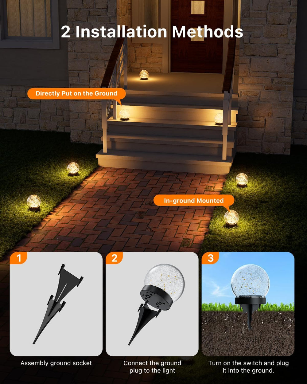 8 Pack 3.94" Warm White Solar Powered Crackle Glass Orb LED Lights