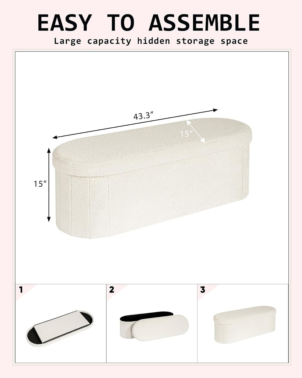 43.3 Inches Foldable Storage Ottoman Bench, Oval Footrest