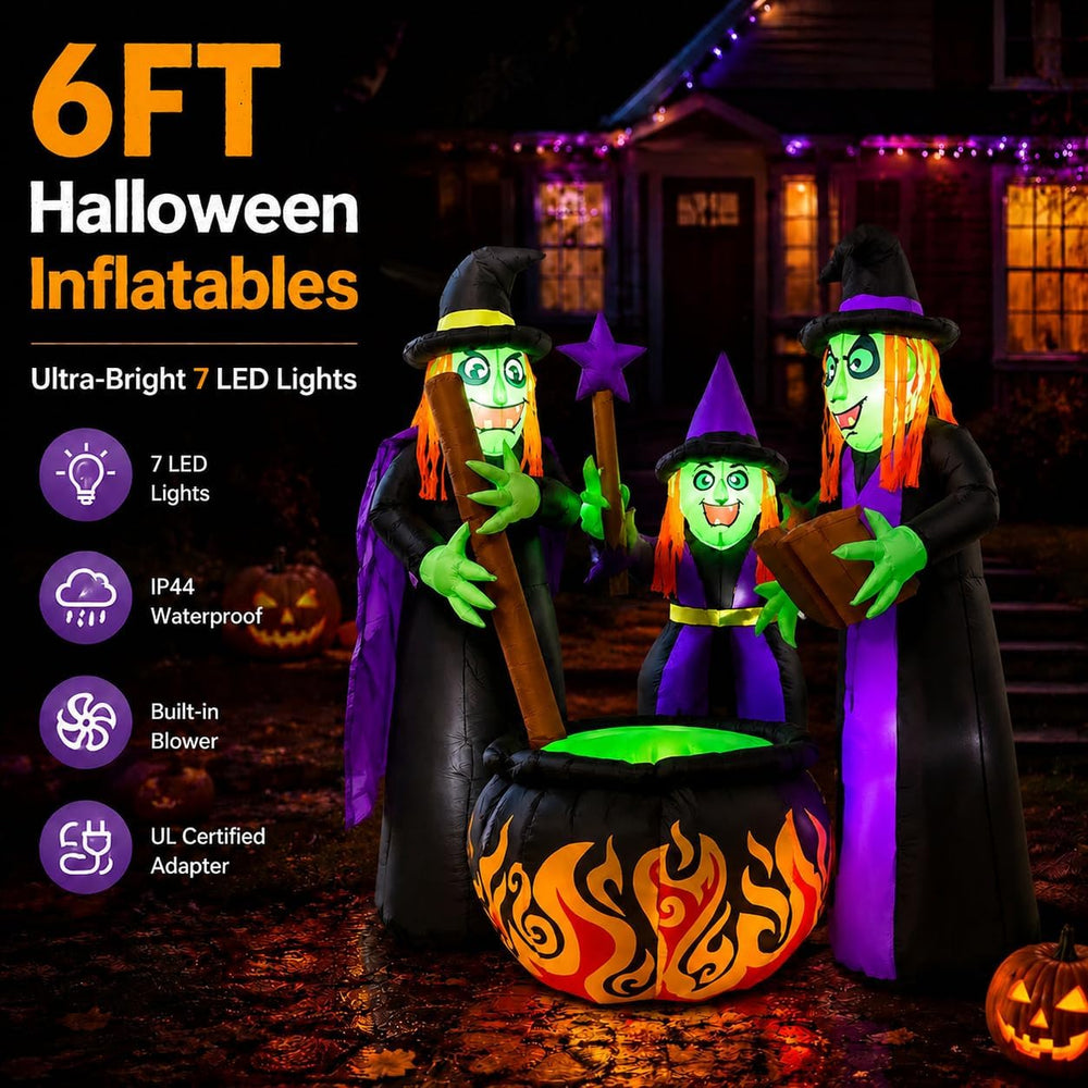 6 FT Halloween Inflatables 3 Witches Around Cauldron Outdoor Decorations, Sca...