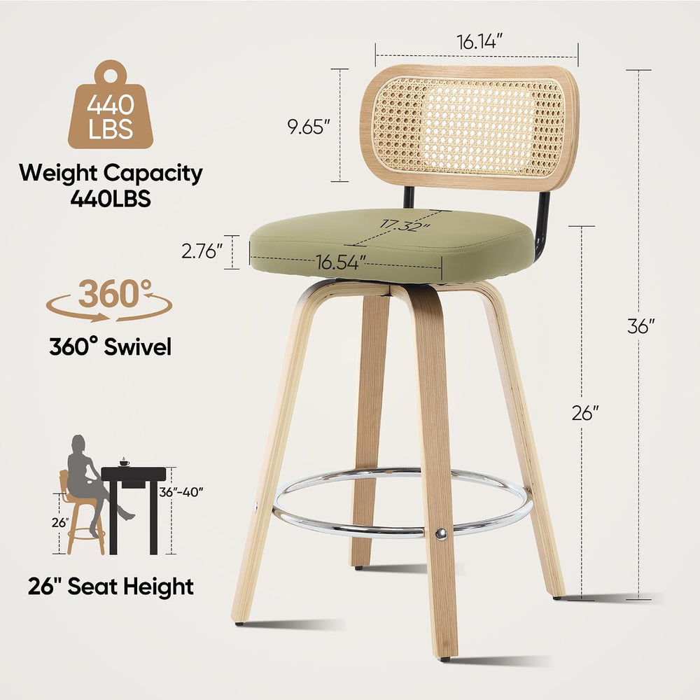Rattan Bar Stools Set of 2,Upholstered PU Leather, 26‘’ Counter Height Barsto...