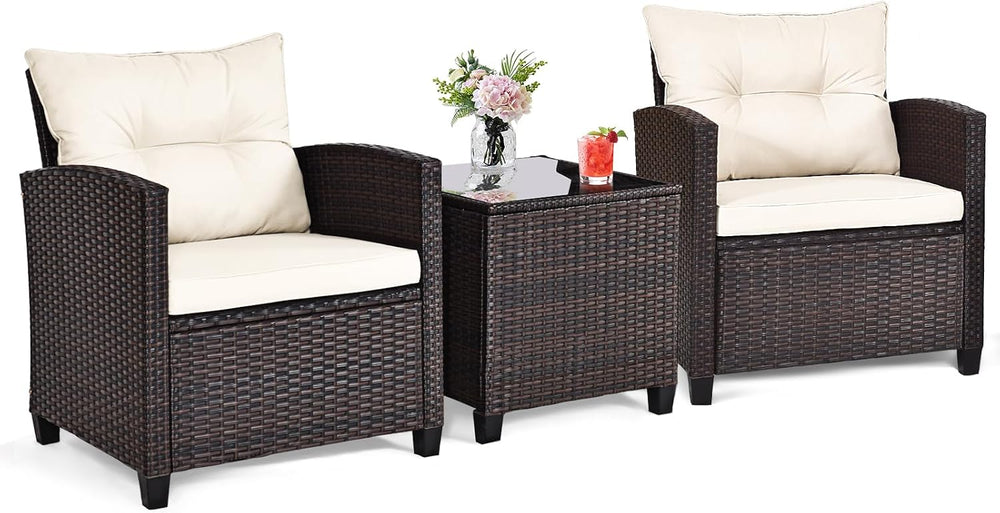 ORALNER 3 Pieces Patio Furniture Set, Outdoor Wicker Bistro Set (White)