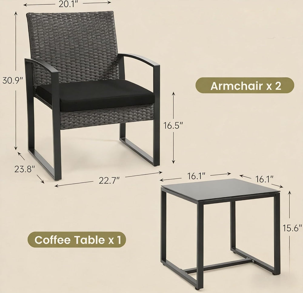 Murago 3-Piece Patio Bistro Set, Patio Conversation Set, New-Black/Black