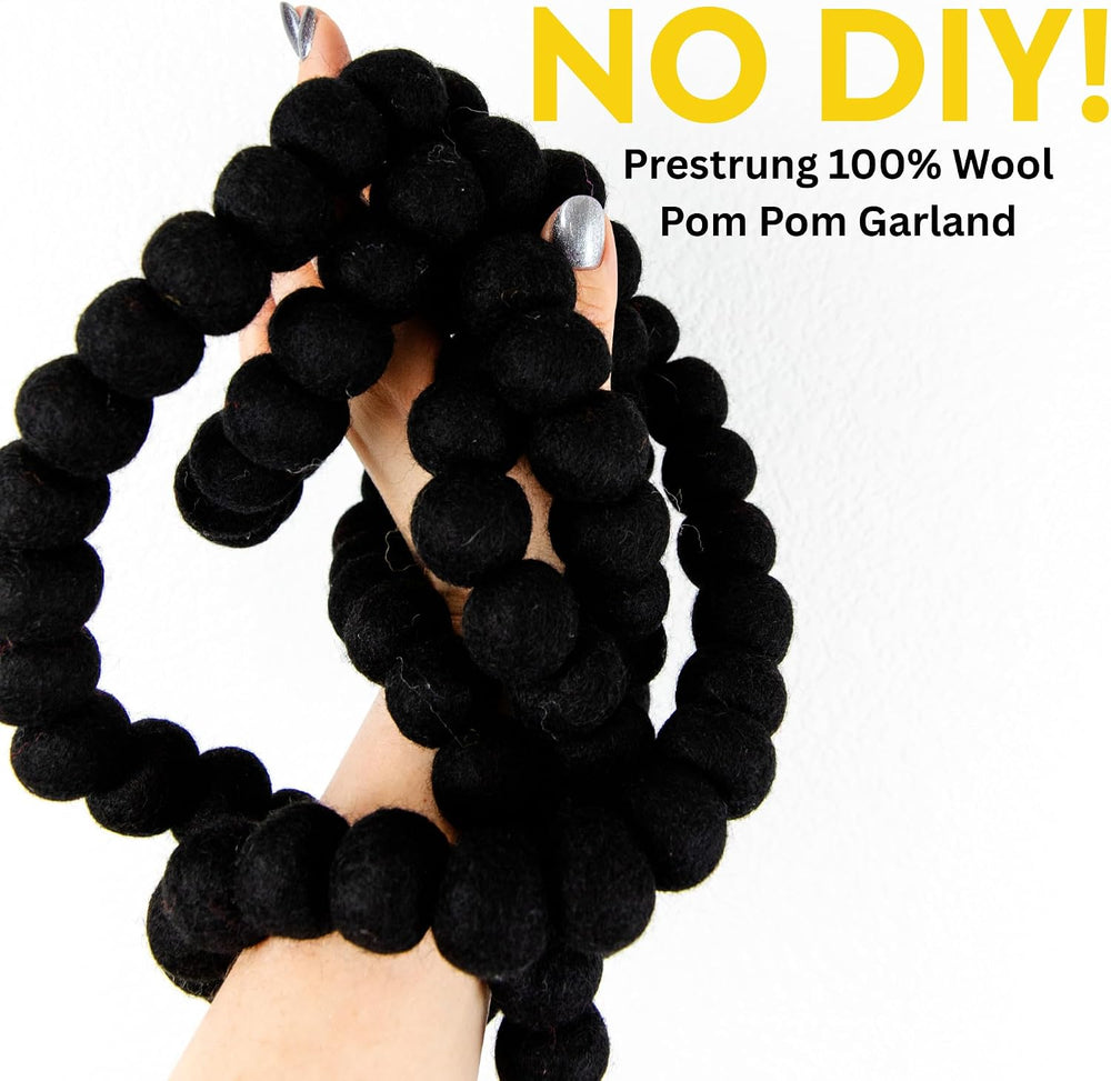 Black Felt Ball Garland, Wool Pom Pom Garland for Halloween Christmas Decor
