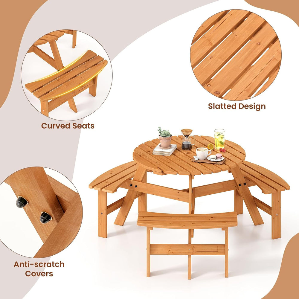 Tangkula 6-Person Wood Picnic Table, Outdoor Round Table and Bench Set with 3...