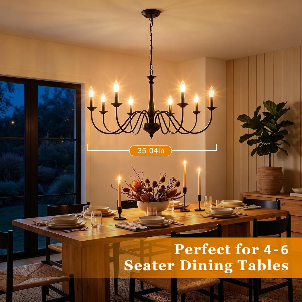 35" Farmhouse Chandelier, 8-Light Matte Black Classic Iron Candle Pendan...