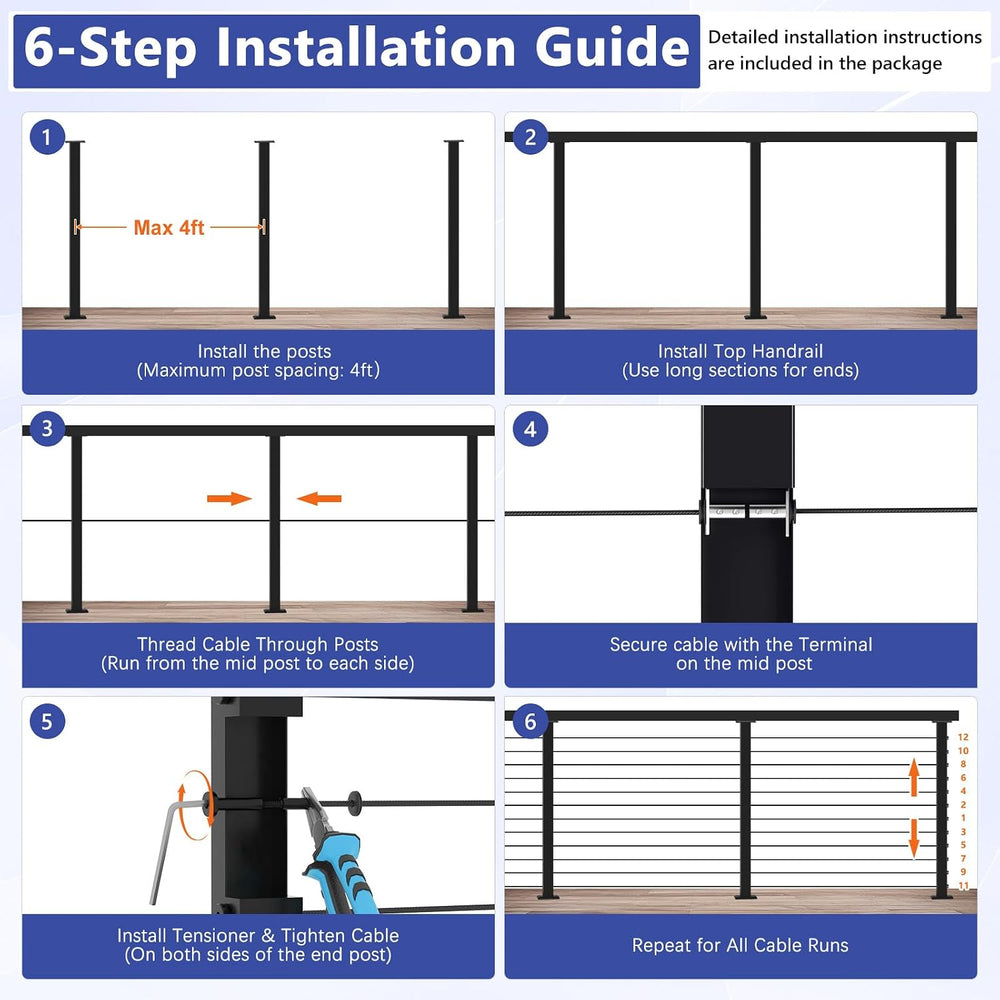4-8ft Modular 42in Cable Railing Level Post Kit with Handrail