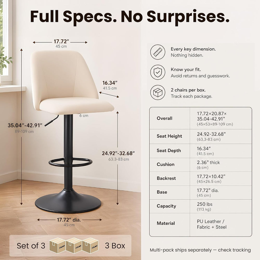 COLAMY Adjustable Upholstered Bar Stools Set of 3,360° Swivel Counter Height ...