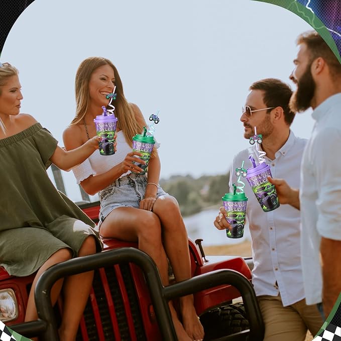 Yungyan 24 Sets Green Purple Monster Truck Party Favors Goodie Cups with Lids...