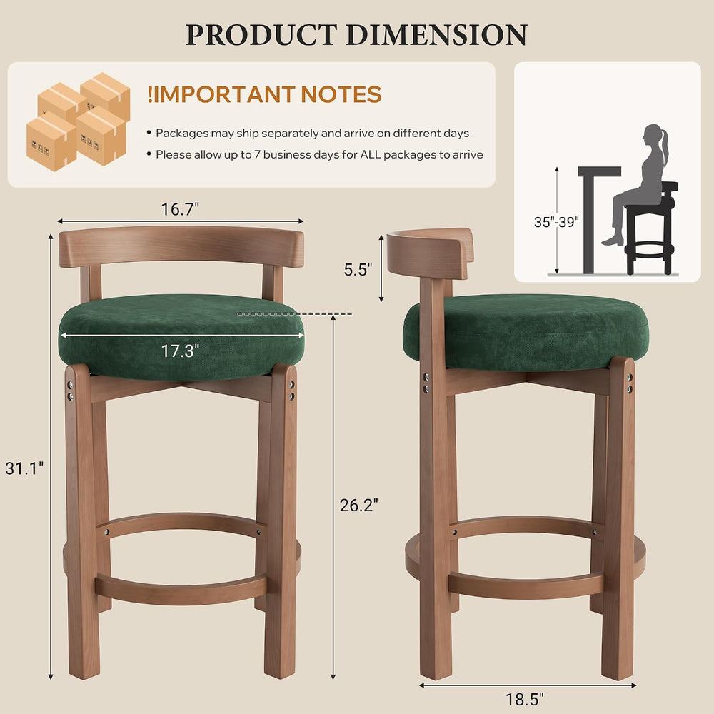 Bar Stools Set of 4, 26" Upholstered Counter Height Bar Chairs, Mid Cent...
