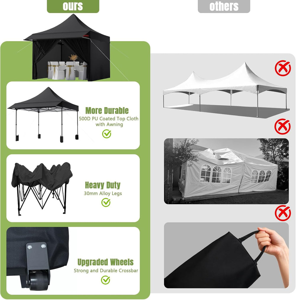 10x10 Heavy Duty Pop Up Canopy Tent with Awning and Sidewalls, Black