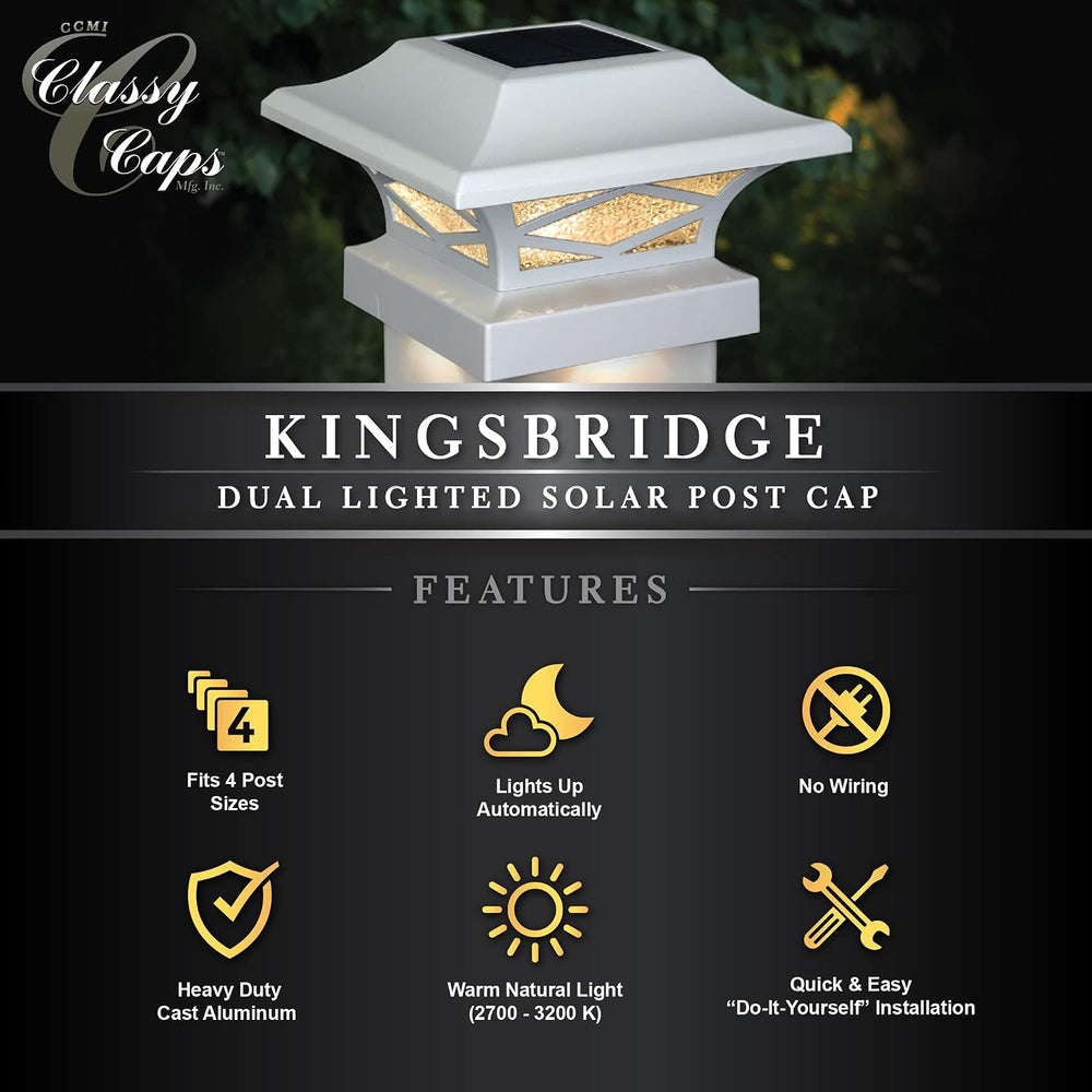 Classy Caps SLK807W - White, Kingsbridge Dual Lighted Solar Post Cap - Outdoo...