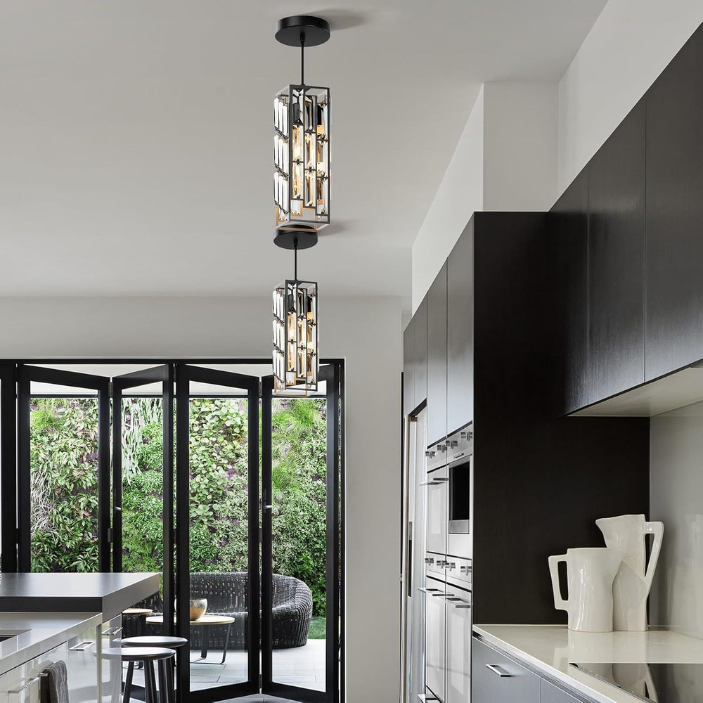 Modern 1-Light Crystal Pendant Light Kitchen Island, Black, 2-Pack