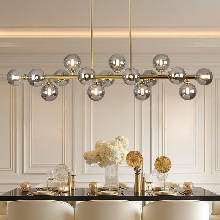 55" Mid Century Modern Glass Globe Sputnik Chandelier with Grey Bubble, 16-Light Large Linear Chandeliers for Dining Room Kitchen Island Living Room, Gold Dining Light Fixture Over Table