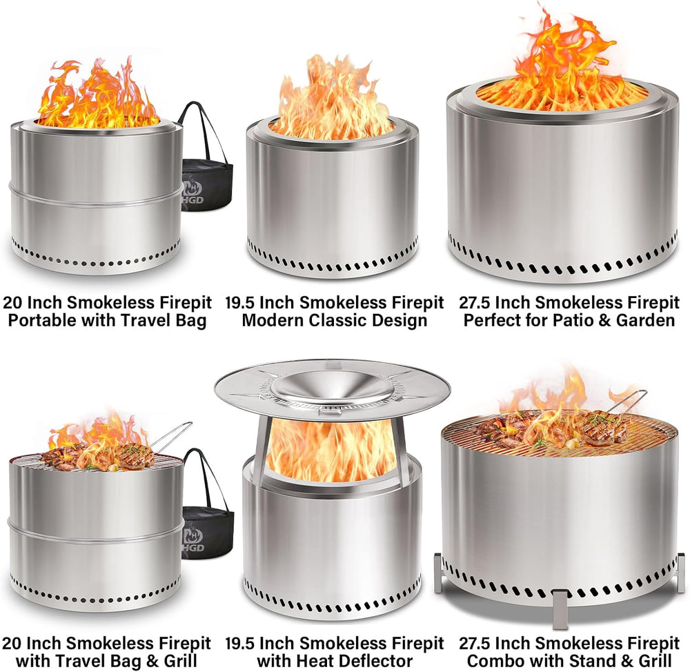 HGD 19.5" Smokeless Fire Pit Outdoor, Stainless Steel Wood Burning Firep...