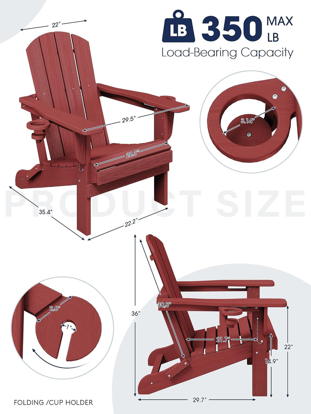 KINGYES Folding Adirondack Chair Set of 4 with 2 Cup Holders, Red
