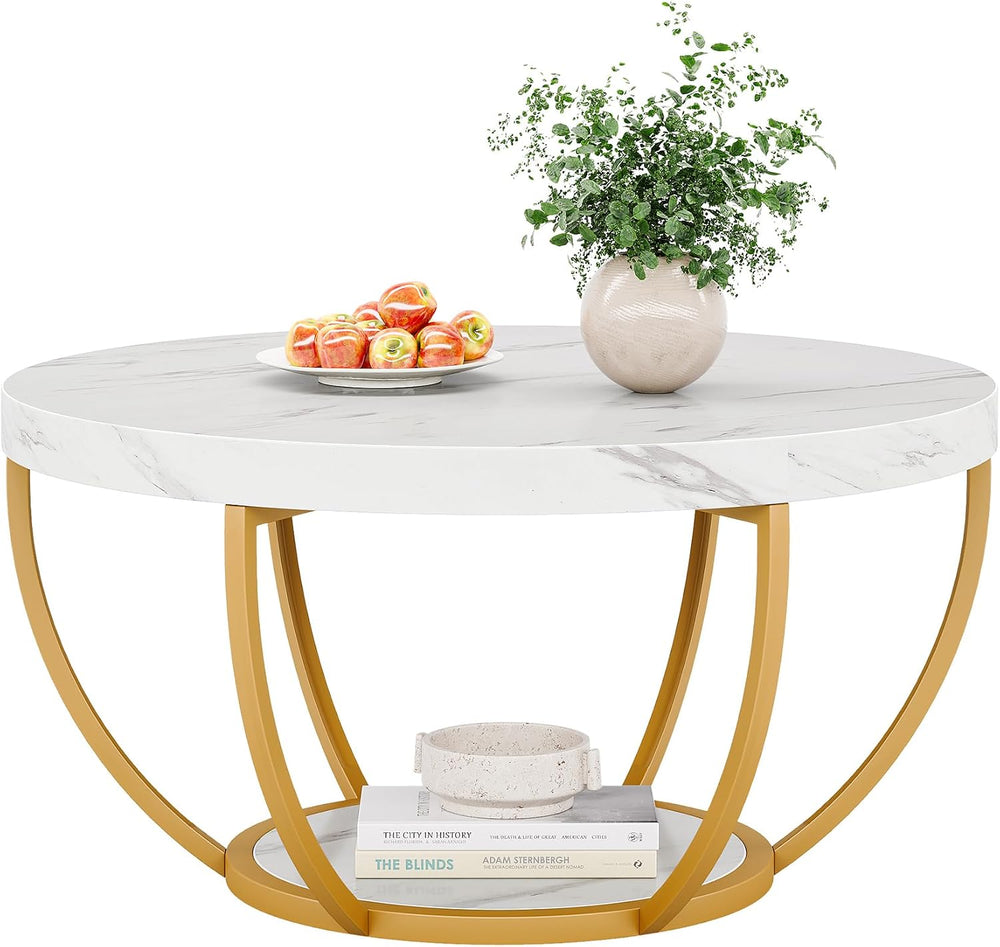 Tribesigns White and Gold Round Coffee Table, 31.7" Living Room Table