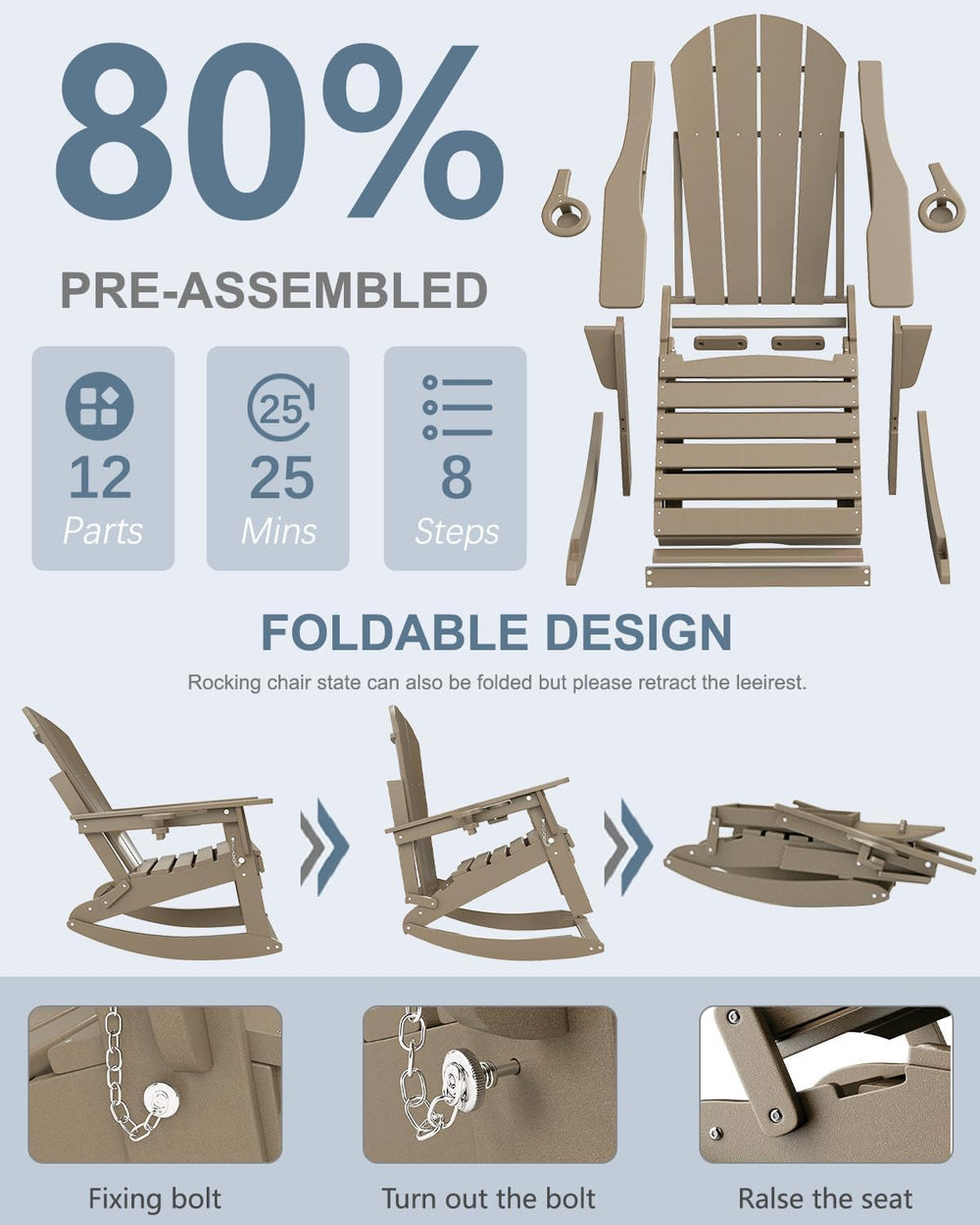 NAVINE Adirondack Rocking Chairs Set of 2 with Retractable Ottoman, Brown