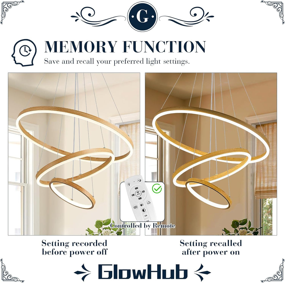 Modern LED Chandelier 24" Circular Pendant Light 3-Ring with Wood Grain ...