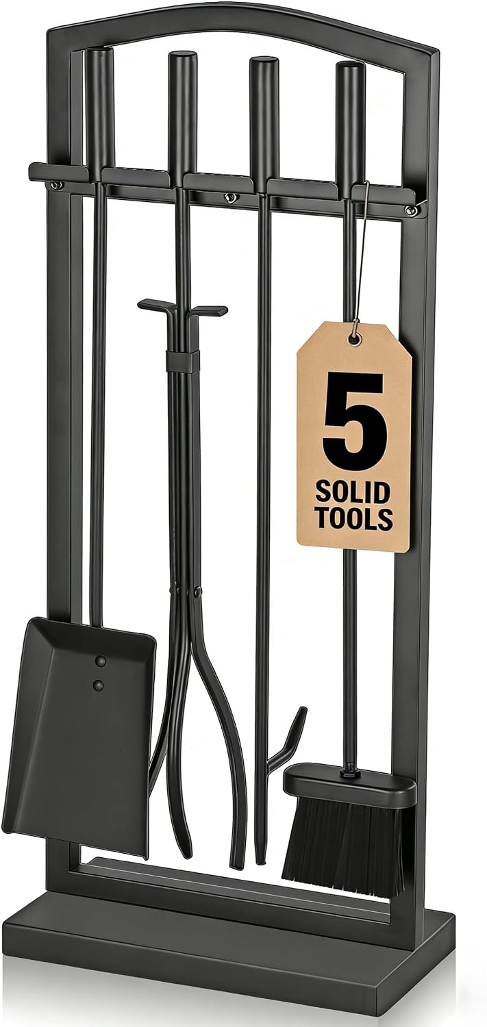 Gtongoko Fireplace Tools Set 5 Pieces with Stand, 29 Inch, Wrought Iron