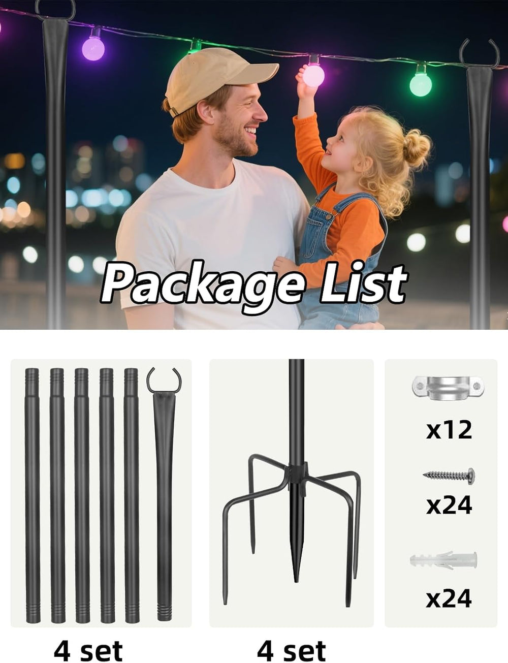 String Light Poles for Outside, 4 Pack 10 ft Adjustable Light Poles