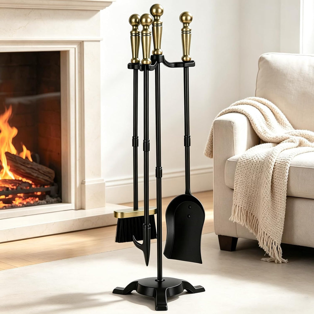 FEED GARDEN 4-Piece Fireplace Tools, Antique Brass Handle, 30" Wrought Iron