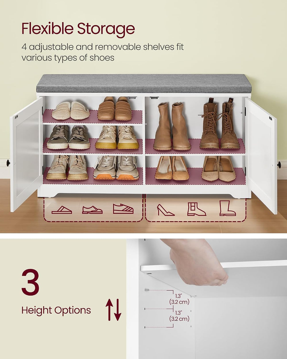VASAGLE 3-Tier Shoe Storage Bench with Cushion, 14 x 39.8 x 20.7 Inches
