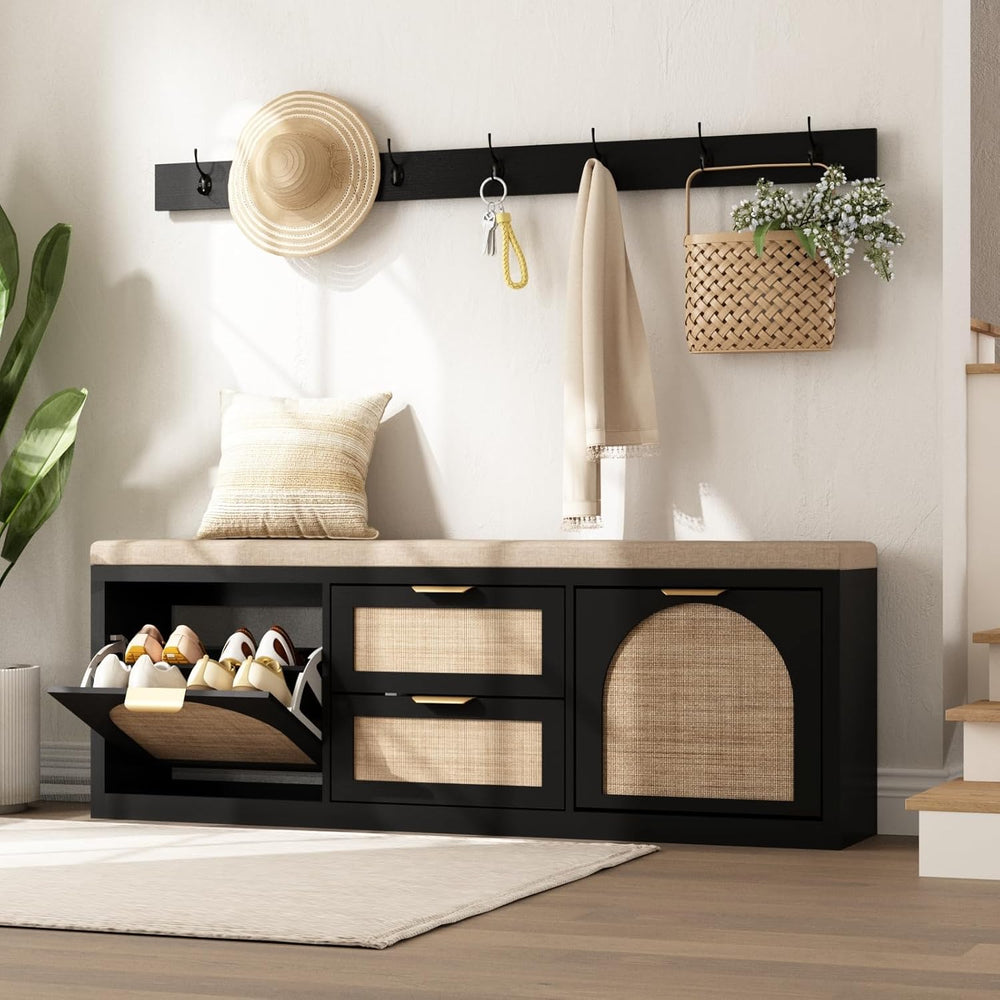 Rattan Narrow Entryway Bench with Shoe Storage, 4 Drawers & Coat Rack, Mi...
