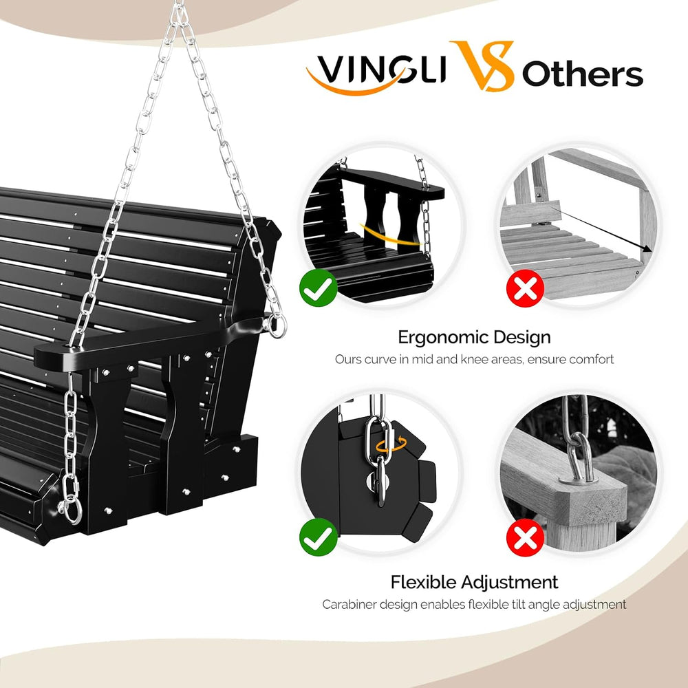 VINGLI 2026 Upgraded 4 FT Wooden Porch Swing, 880 LBS Heavy Duty, Black