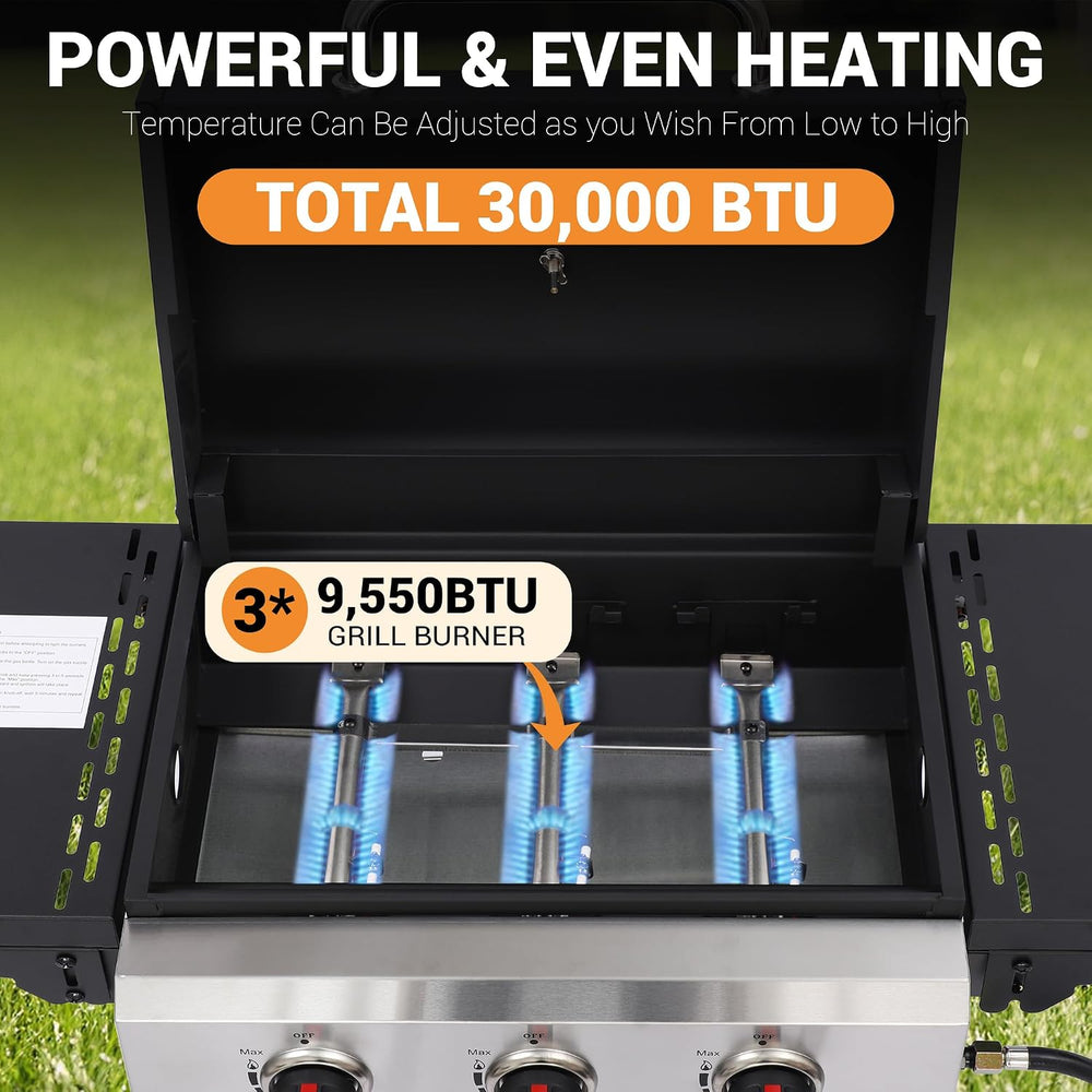 3-Burner Propane Gas Grill with Folding Side Tables