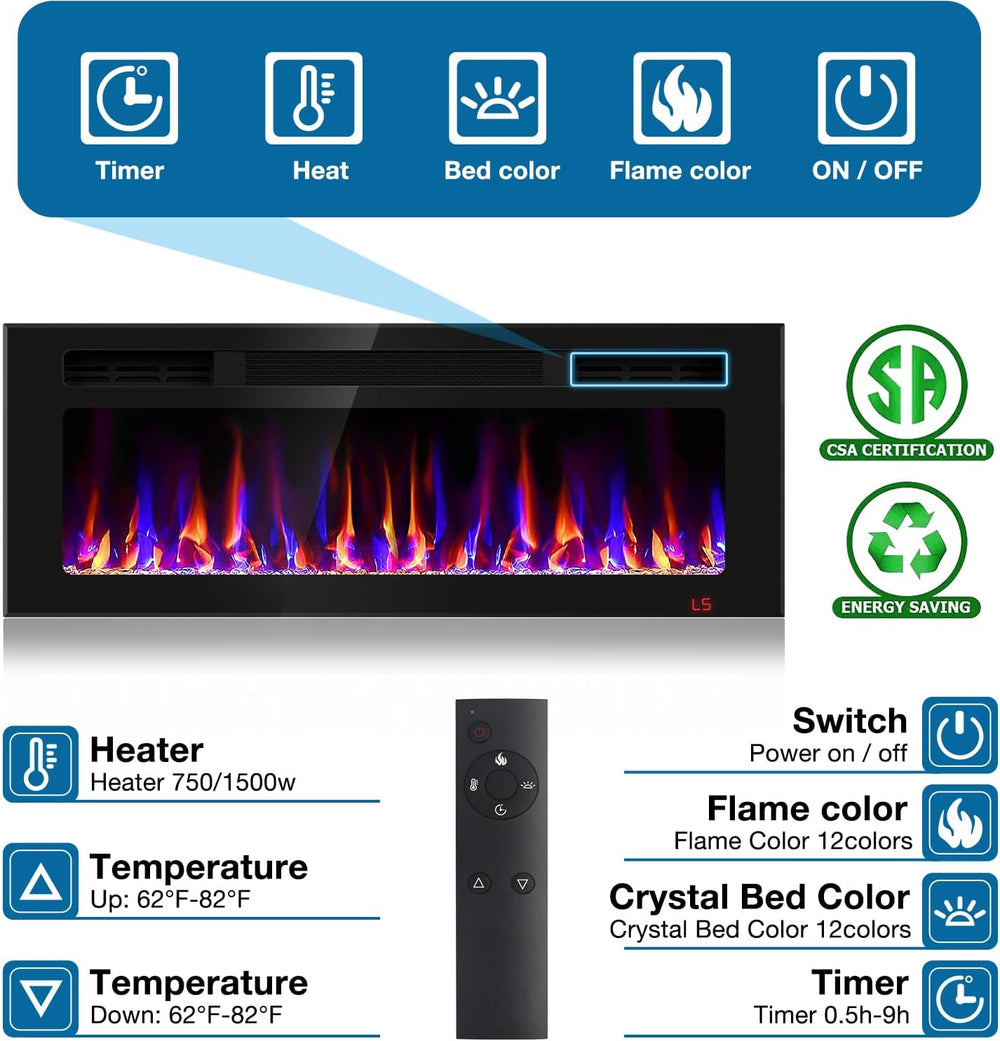 43 Inch Electric Fireplace Recessed and Wall Mounted, Fireplace Heater and Li...