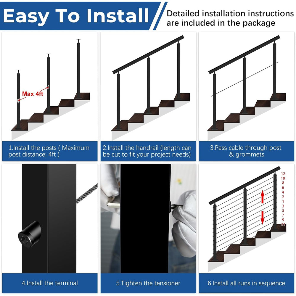 4ft-8ft Modular 42in Cable Railing System for Stair with Handrail