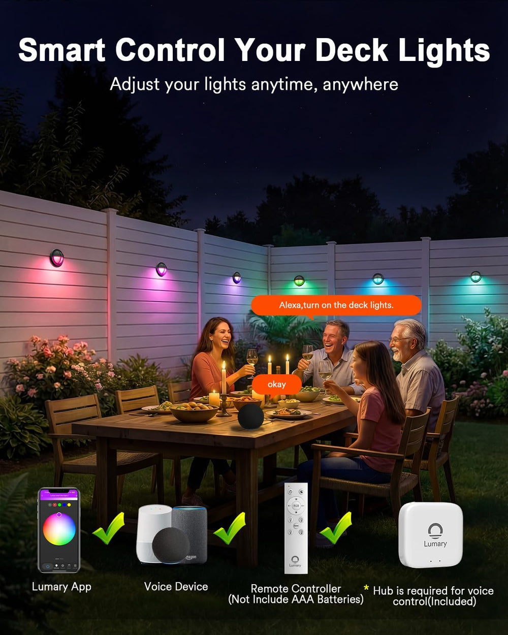 Lumary Smart Low Voltage Deck Lights with Hub, IP65 Waterproof, 6 Pack